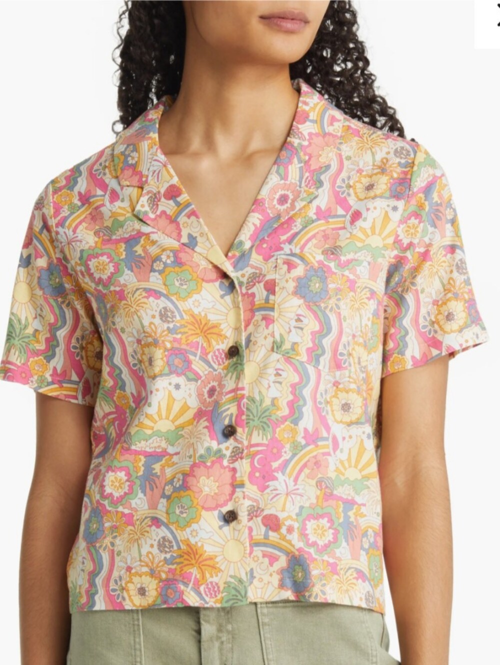 Marine Layer Lucy Resort Camp Hemp Shirt Retro 70s Groovy Print Size L Festival